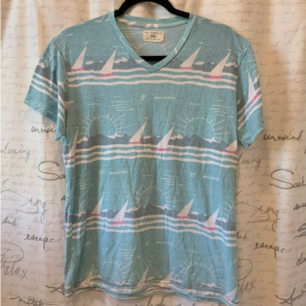 Sol Angeles Teal Sailboat Print V-Neck Top Single Stitch Size Medium Made in USA
